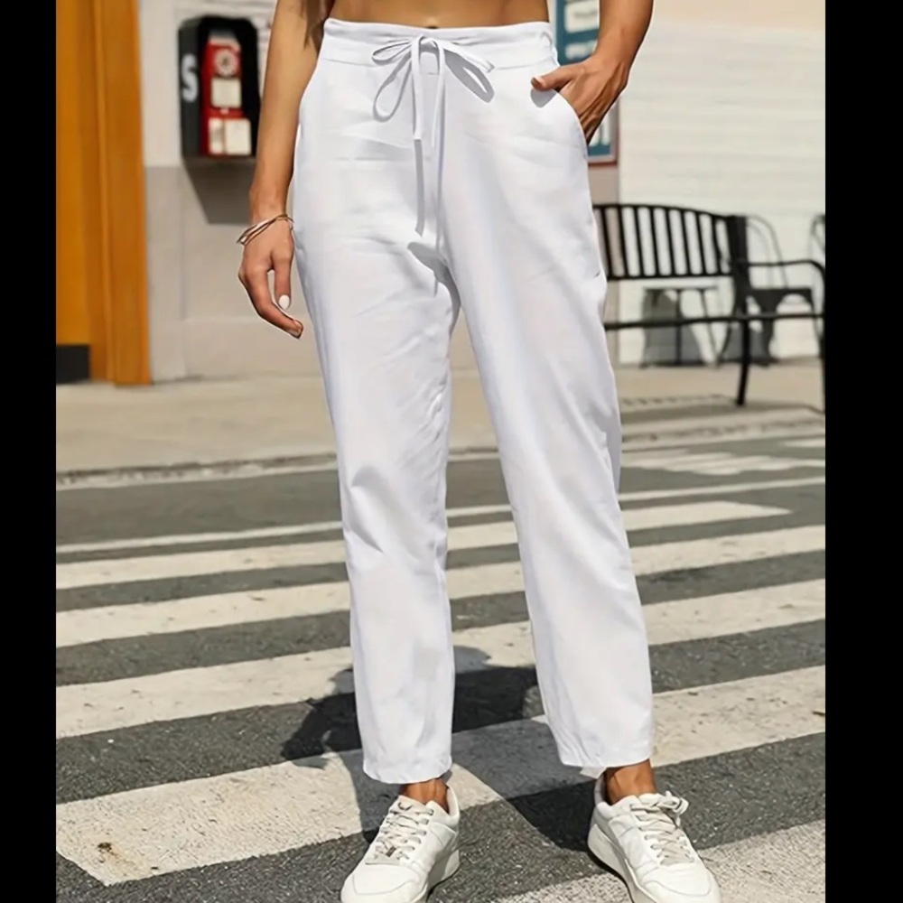 White high Waisted Linen Casual Drawstring Pants NEW WITH TAGS SIZE MEDIUM